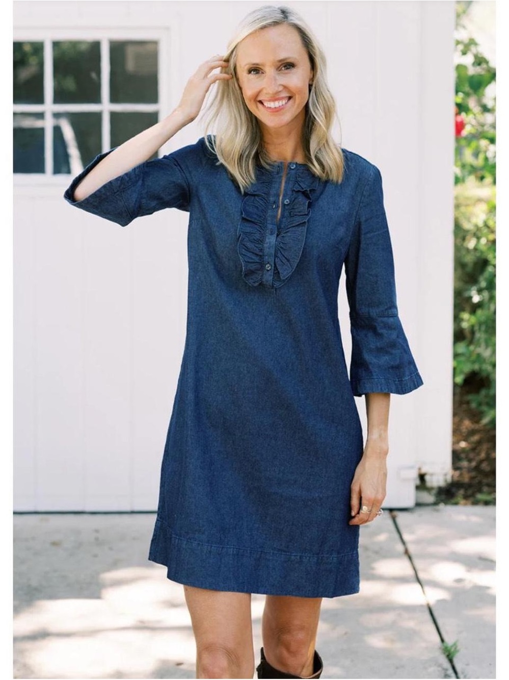 Draper James Size 8 Chambray Denim Shift Dress Ruffle Detail